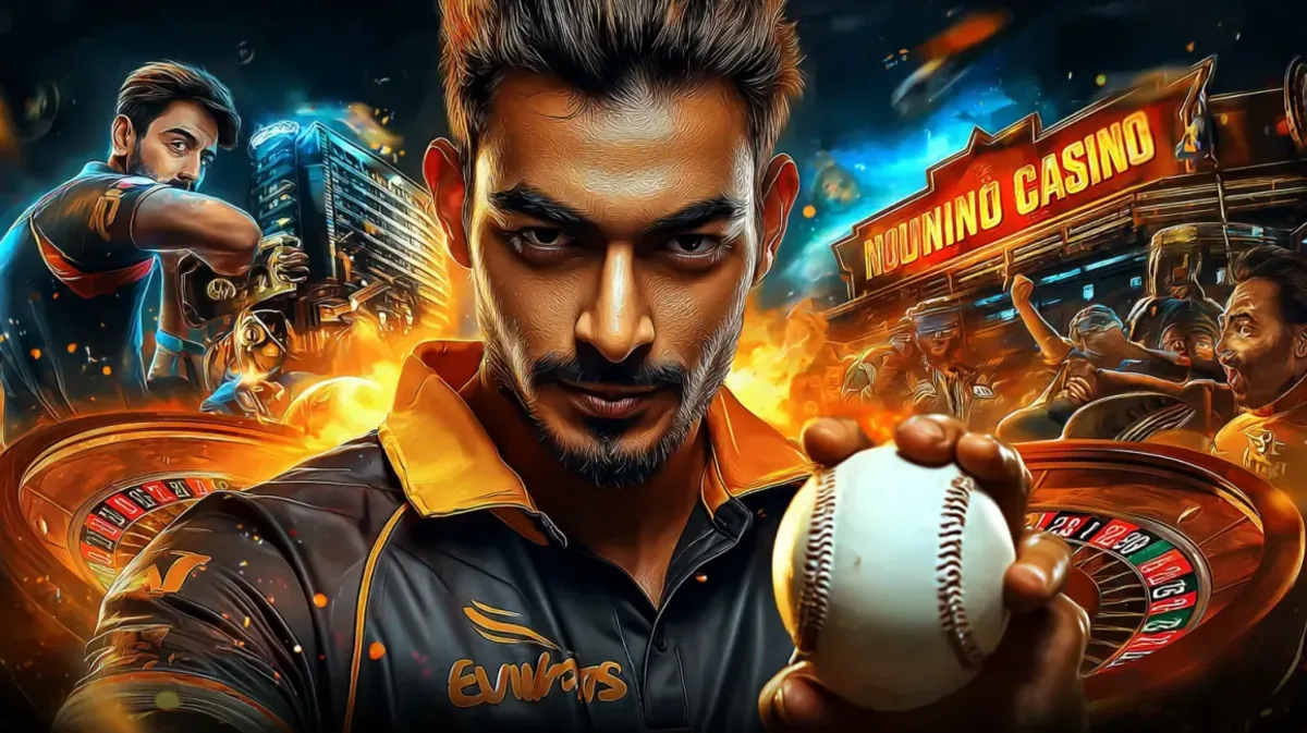 একজন তীব্র মনোযোগী ক্রিকেট খেলোয়াড় একটি ক্রিকেট বল ধরে একটি সমন্বিত ছবিতে, যেখানে একটি ক্রীড়া স্টেডিয়াম 9777bet গেমিং প্ল্যাটফর্মের উজ্জ্বল, নিয়ন-আলোকিত পরিবেশের সঙ্গে মিশে গেছে।