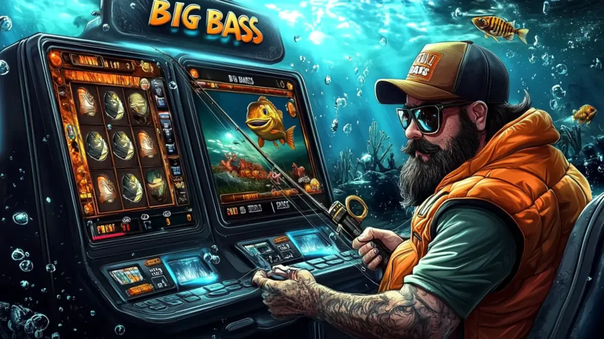 9777bet-এ সানগ্লাস পরা দাড়ি-শোভিত জেলে Big Bass গেমটি খেলছেন। মেশিনের স্ক্রিনে পানির নীচের দৃশ্যে মাছ ধরার থিমটি প্রকাশিত হয়।