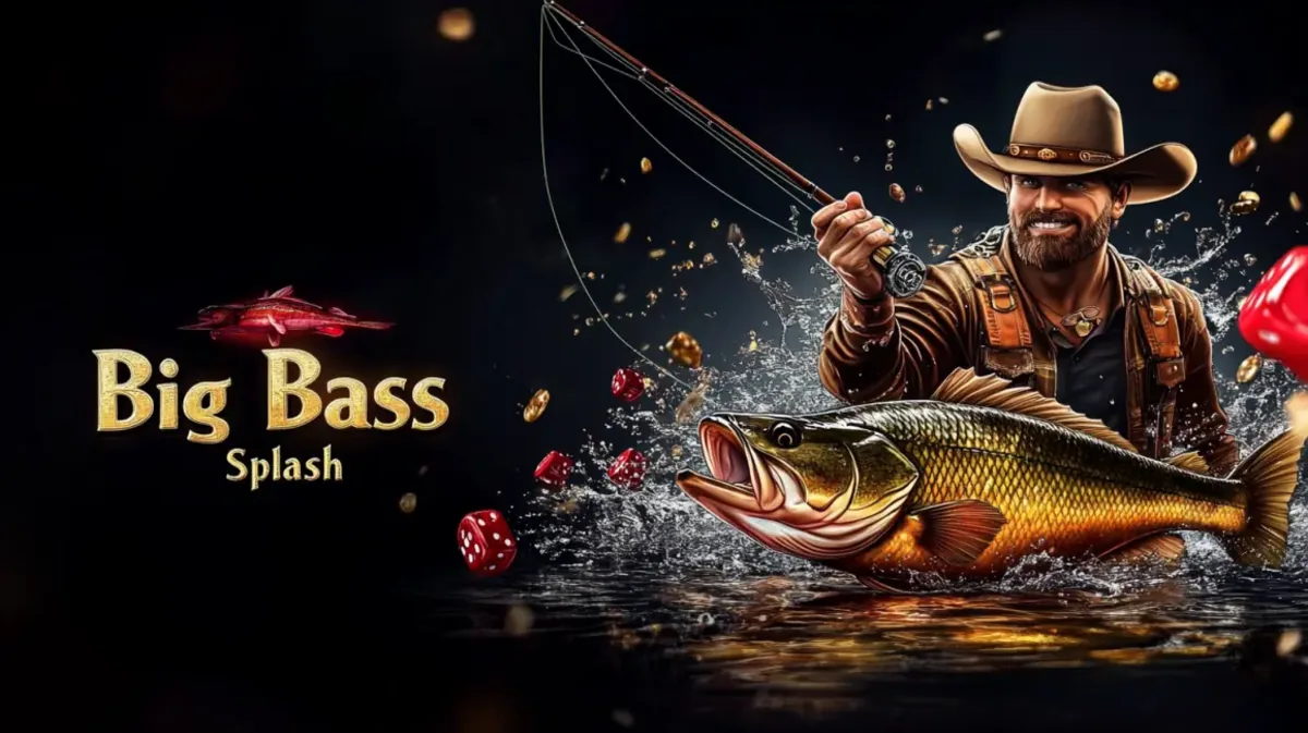 এই Big Bass Splash গেমটির প্রচারণায় কাউবয় হ্যাট পরা একজন খুশি জেলে বড় একটি bass মাছ ধরার মুহূর্ত টেনে ধরেন; 9777bet-এ এটি খেলার জন্য উপলব্ধ।