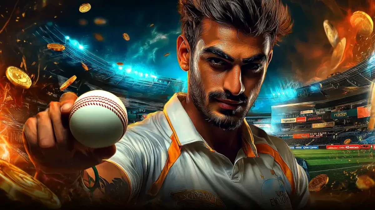 একটি মনোযোগী ও তীব্র-চোখের পুরুষ ক্রিকেট খেলোয়াড় একটি ক্রিকেট বল উঁচু করে ধরেছেন ভিড়ভরে ভরপুর স্টেডিয়ামে, 9777bet–এ ক্রিকেট-গেমিং–এর উত্তেজনাপূর্ণ জগতকে তুলে ধরা হচ্ছে। স্বর্ণালী কয়েন ও আগুন-প্রভাব নাটকীয়তা বাড়ায়।
